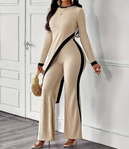 Ribbed Knit Long Sleeve Cutout Side Slit Top Contrast Strip Flare Outfit Set