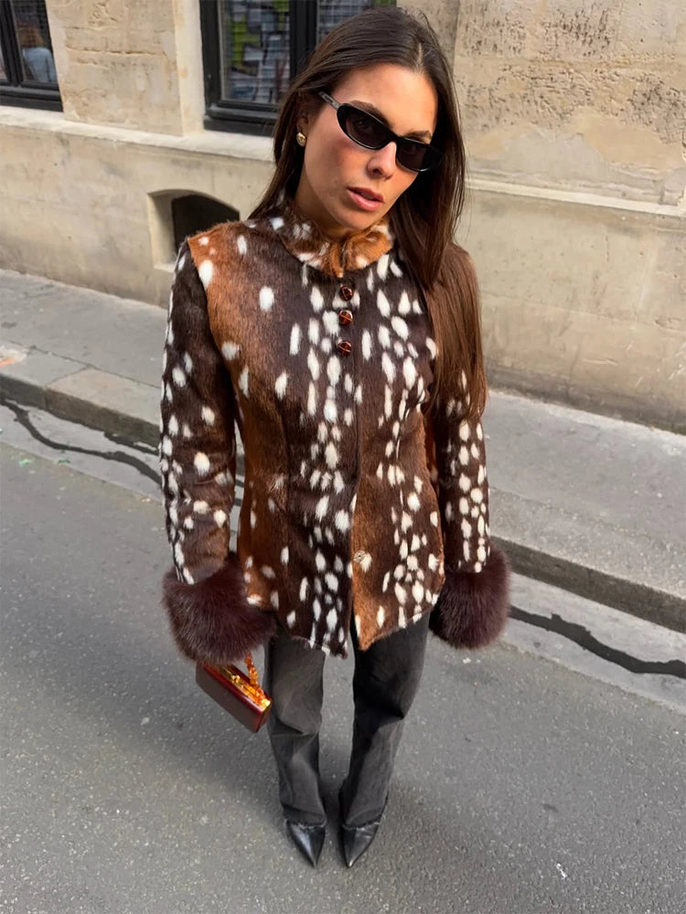 Floral Jacquard Furry Faux Fur Cuffs Patchwork Jacket