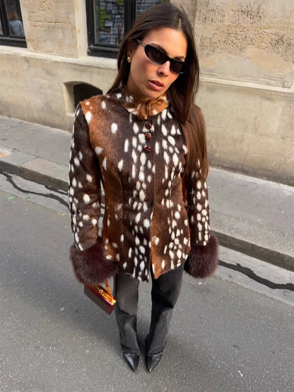 Floral Jacquard Furry Faux Fur Cuffs Patchwork Jacket