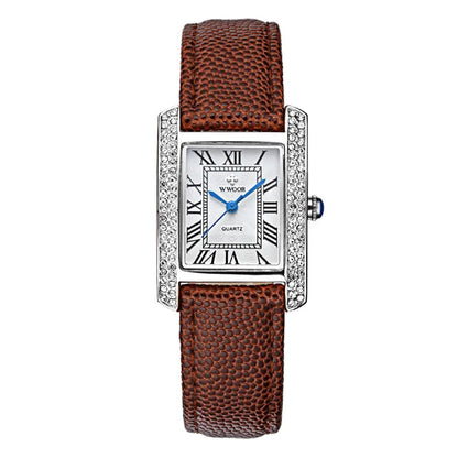 ساعات كوارتز جلدية أنيقة مرصعة بالألماس مربعة الشكل