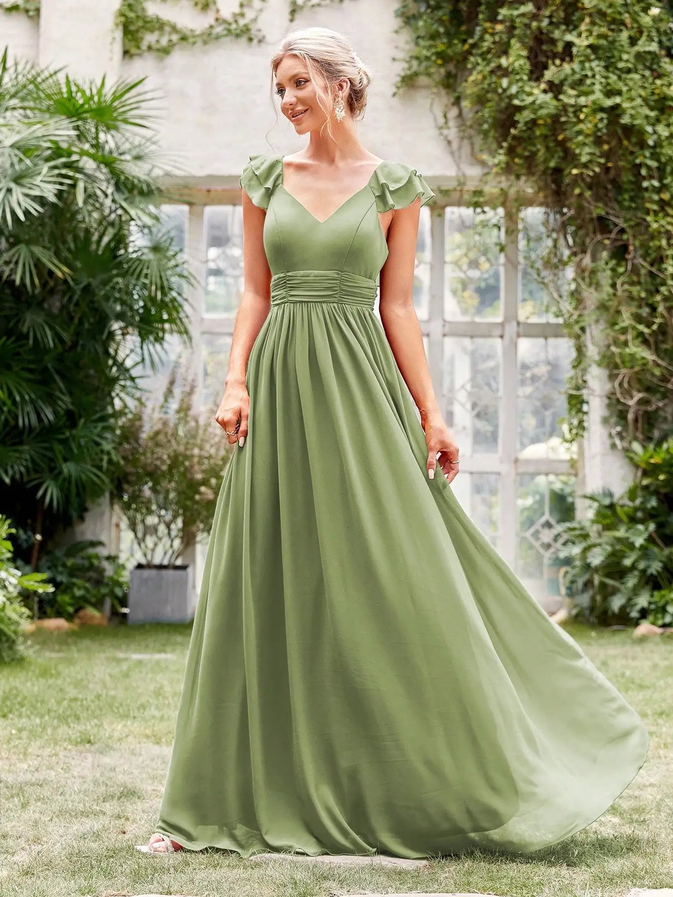 Mgiacy V-neck cap sleeve ruffle lace Extra long evening gown Ball dress