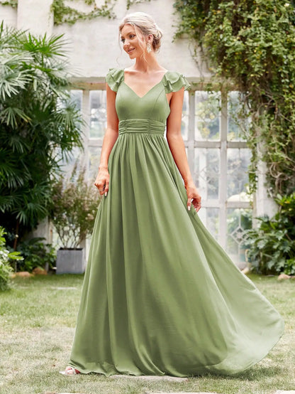 Mgiacy V-neck cap sleeve ruffle lace Extra long evening gown Ball dress