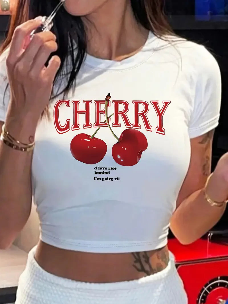 Cherry Print Crew Neck T-shirt Short Sleeve