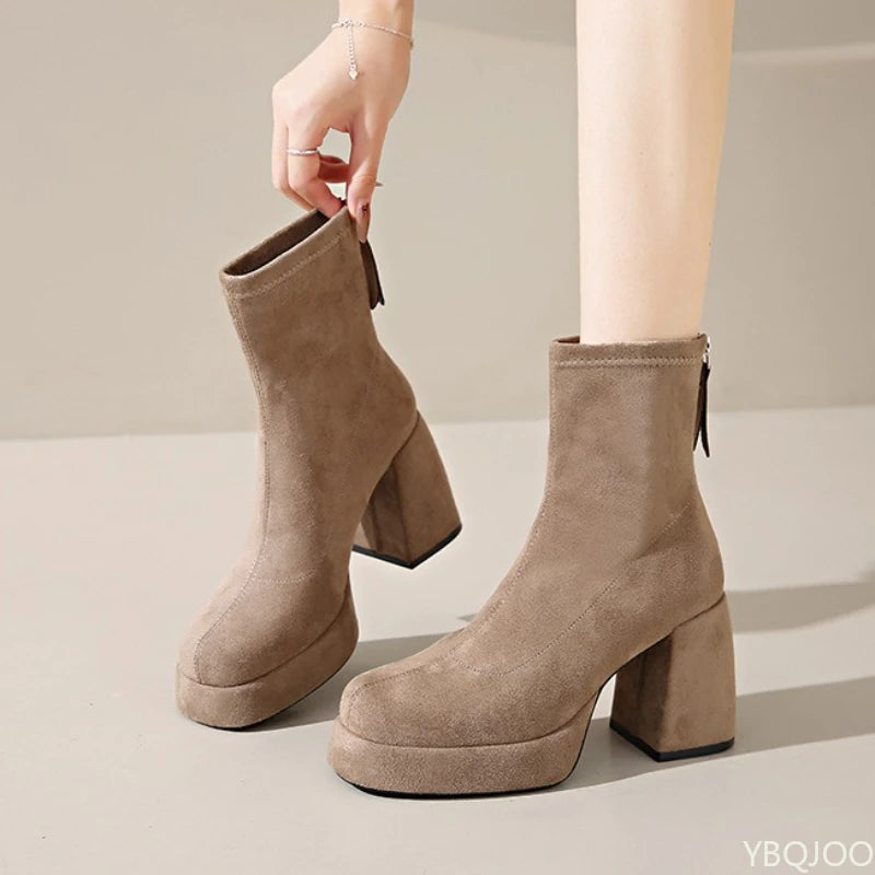 Thick soled high-heeled back zipper short boots
