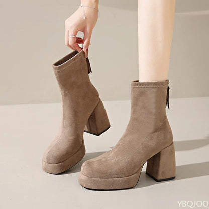 Thick soled high-heeled back zipper short boots