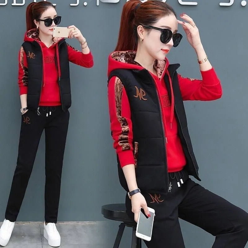 Casual Autumn Winter Thickened Hooded Waistcoat Pants 3 Three Piece Sets