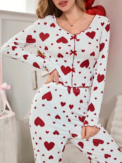 Heart Print Long Sleeve Pyjamas Set