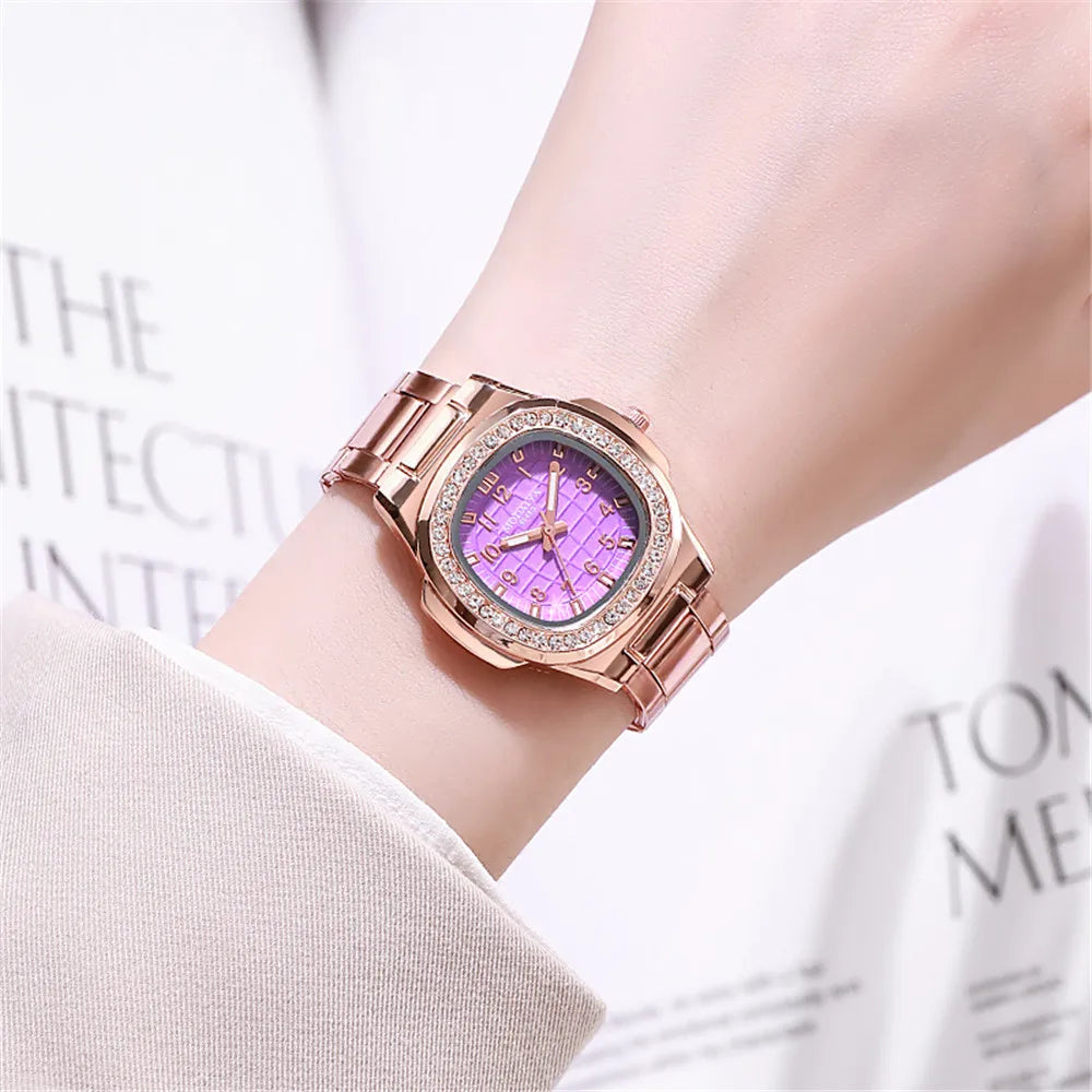 Luxury Digital Diamond Studded Quartz Rose Gold Stainless Steel Strap Watch