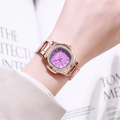 Luxury Digital Diamond Studded Quartz Rose Gold Stainless Steel Strap Watch