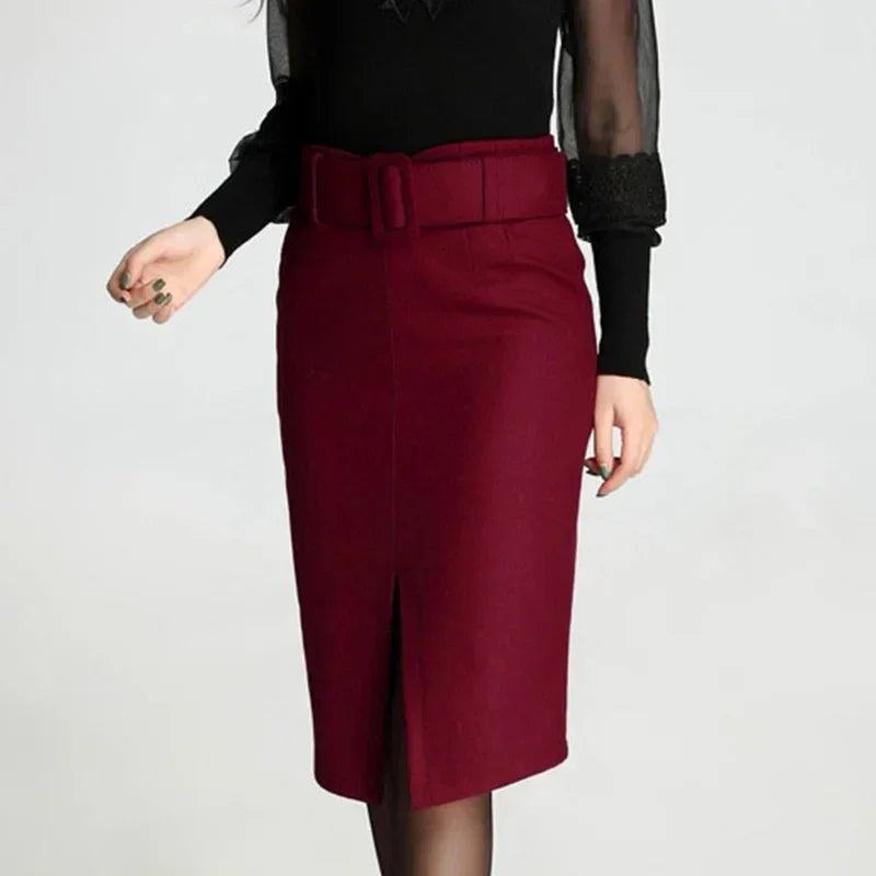 High waist casual mid-length wool pencil skirt