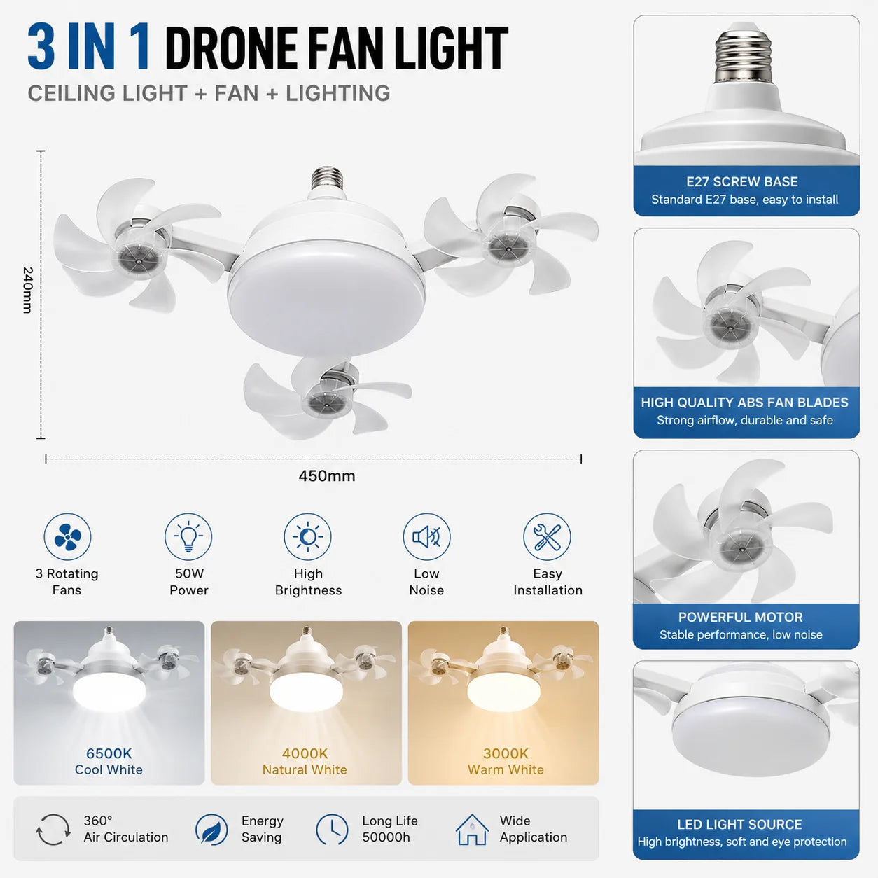 Drone Design Silent Ceiling Fan Light E27 Base Remote Controlled