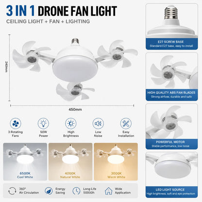 Drone Design Silent Ceiling Fan Light E27 Base Remote Controlled