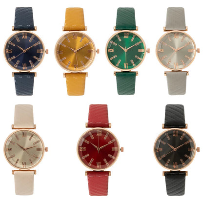 Luxury Diamond Roman Quartz Green Leather Strap Wristwatches