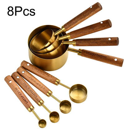 Wooden Handle Stainless Steel Measuring Cups Spoons