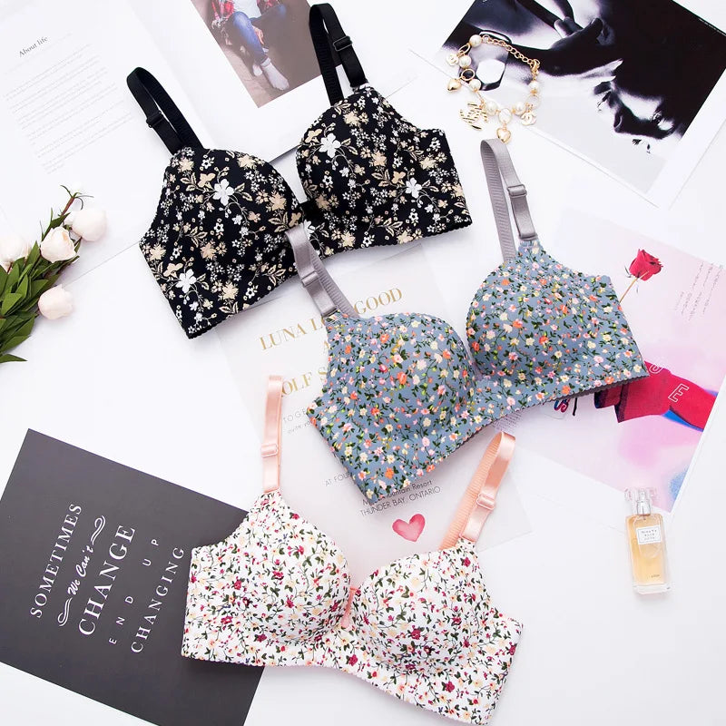 Sexy Lingerie Flower Print Gathered Bras Floral Push Up Seamless Bra Underwear