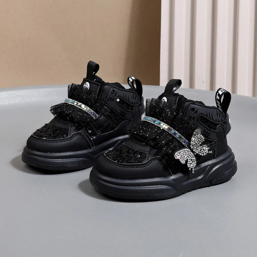 Autumn Children Leather Toddler Kids Sport  Bling Cute Butterfly Sneakers
