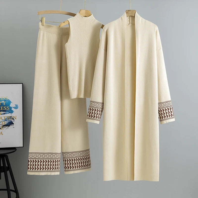 Casual Knitted Three-piece Temperament Cardigan Sweater Vest Wide Leg Pants Sets