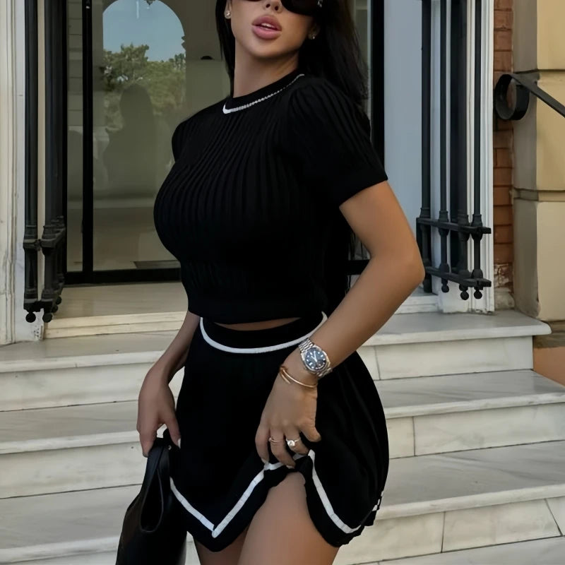 Short Sleeve Pleated Sexy Mini Skirts Set