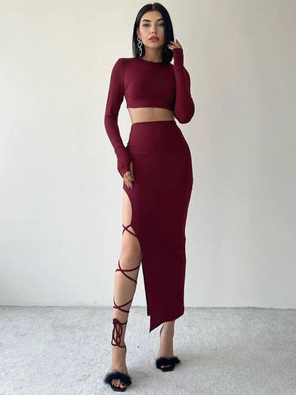 Pullover Long Sleeve Split Legless Sexy Skirt Set