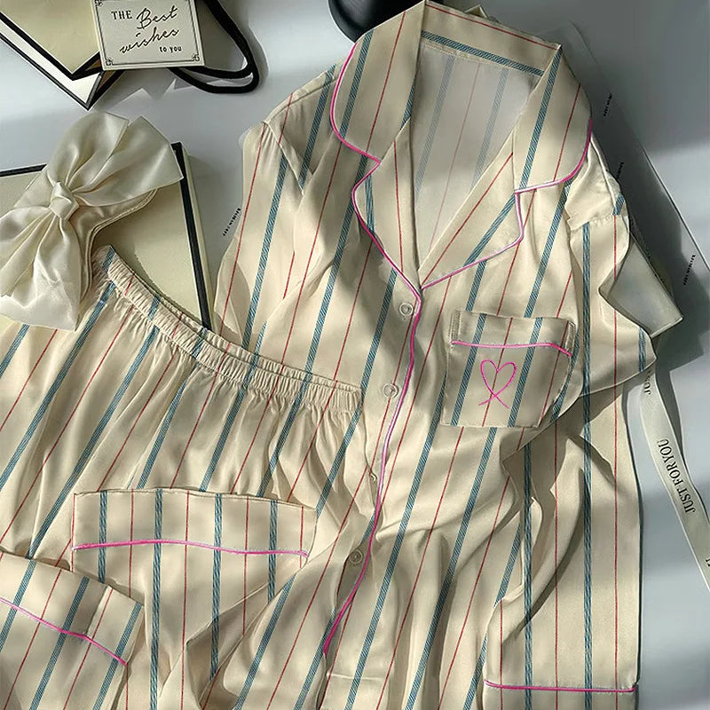 Contrast-Striped Ice-Silk Long-Sleeved Lightweight  Homewear Pajama Sets