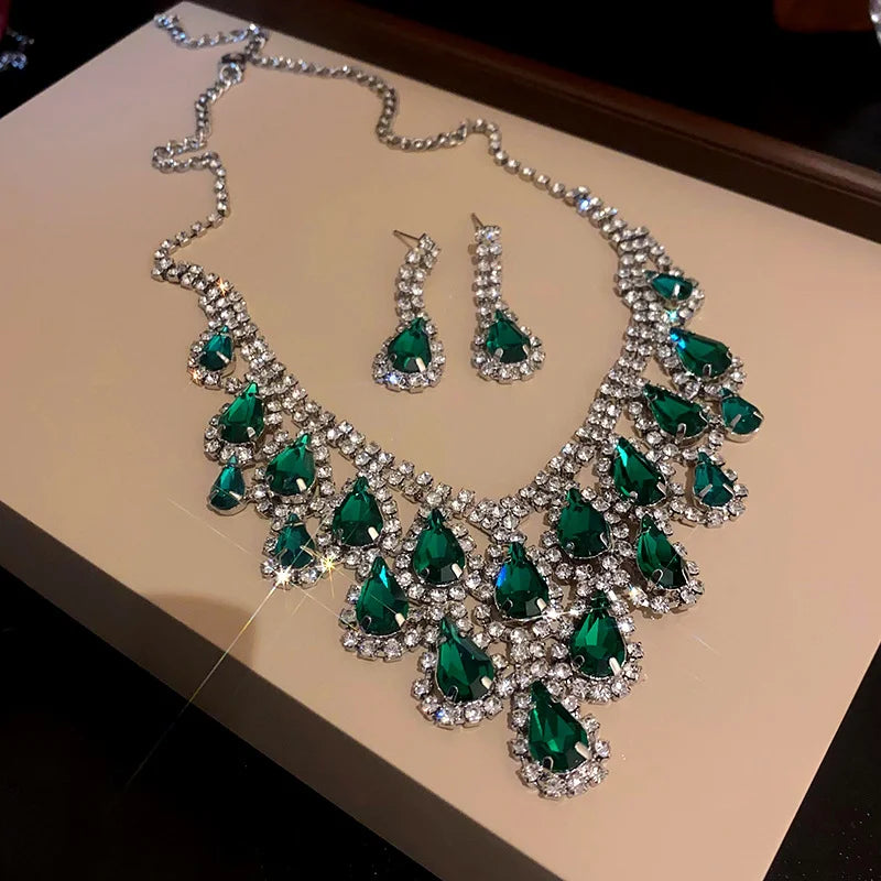 Inlaid Red Rhinestone Necklace Earring Set
