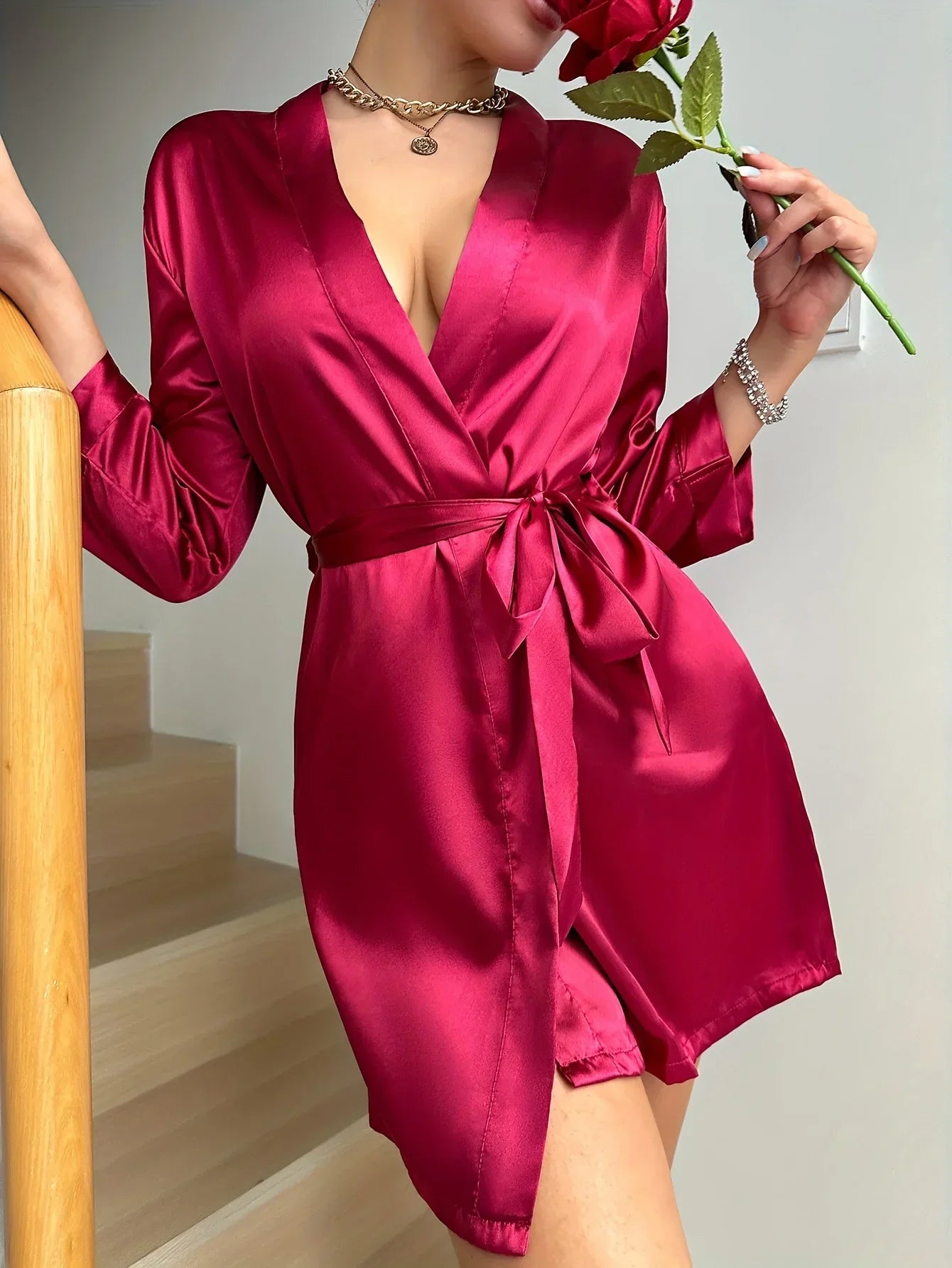 Silk Tie-Waist Short Robe L