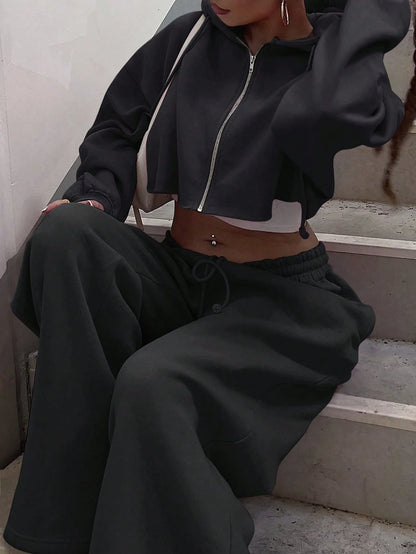 Zip-up Cropped Sweatshirt and Long Pants Casual Hoodies Sweatpants Set