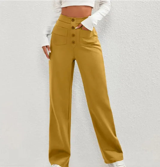 Straight High Waist Button Elastic Office Pants