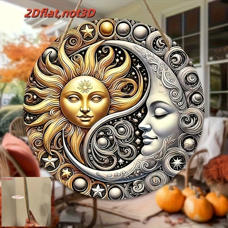 2D Flat Round Wooden Sign Sun And Moon