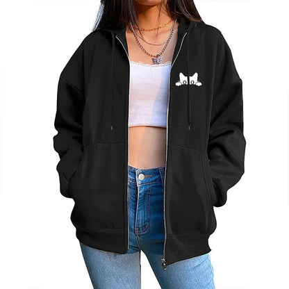 Zipper Cardigan Hooded Sweatshirt Printing Outfits Casual Jogging Sport Coat