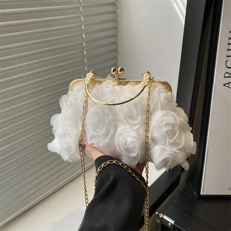 Luxury Chain Shoulder Chiffon 3D Flower Banquet Bag