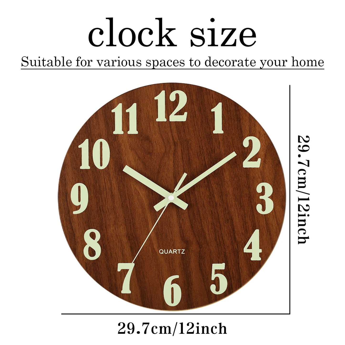 12 Inch Luminous Wall Clock Wood Silent light in dark