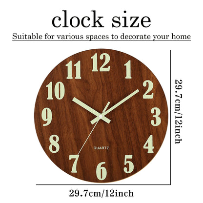 12 Inch Luminous Wall Clock Wood Silent light in dark