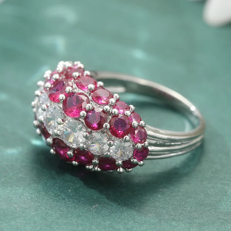 Luxury Inlaid White Red CZ Sparkling Silver Geometry Rings