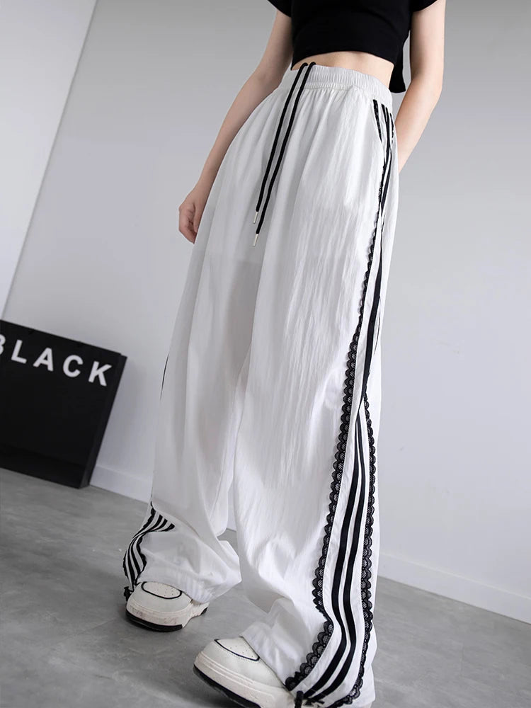 Korean Lace Patchwork Side Stripe Webbing Wide-Leg Pants
