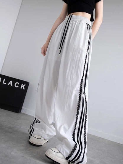 Korean Lace Patchwork Side Stripe Webbing Wide-Leg Pants