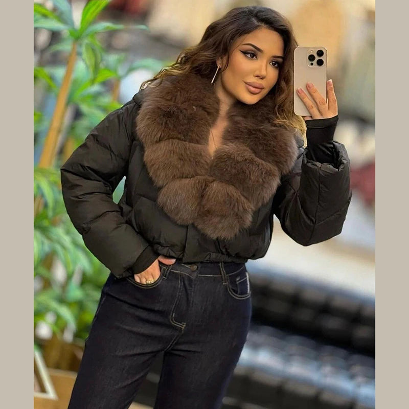Luxury Thick Faux Fox Fur Collar Cropped Puffer Oversized Jacket