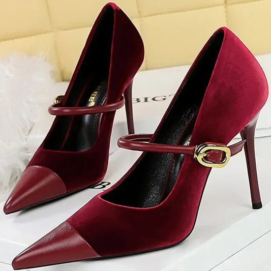 Thin Heels Velvet Metal Buckle Shoes