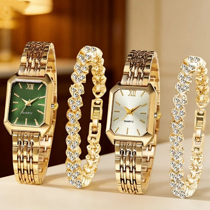 4PCS/Set Elegant Rectangle Quartz Wristwatch Heart Bracelets Set