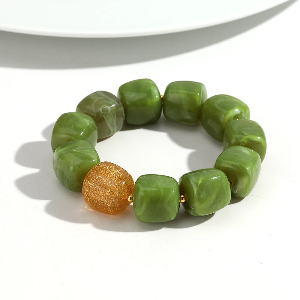 Boho Colorful Round Beads Heart Pendant Elastic Bracelets