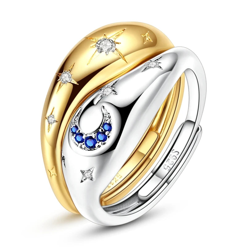 925 Sterling Silver Sparking Wave Star and Moon Rings