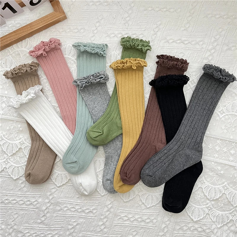 Ruffle Knee High Socks Baby Girls Toddlers Long Soft Cotton Sock 0-8Years