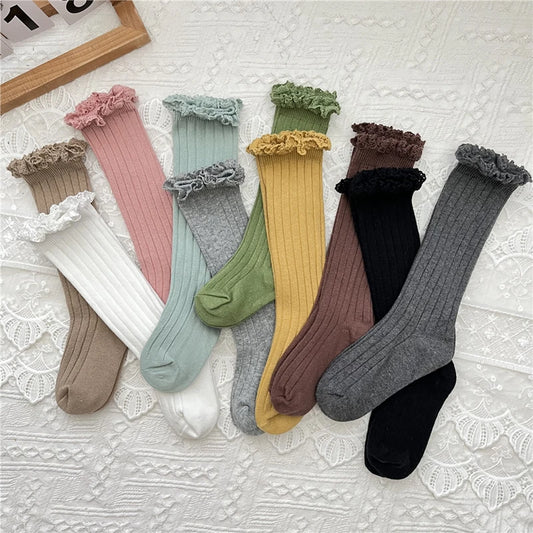 Ruffle Knee High Socks Baby Girls Toddlers Long Soft Cotton Sock 0-8Years