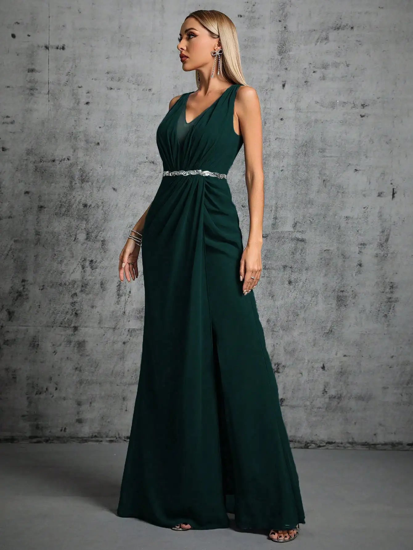 Mgiacy Shoulder silver sequin belt pleated chiffon slit skirt Dress