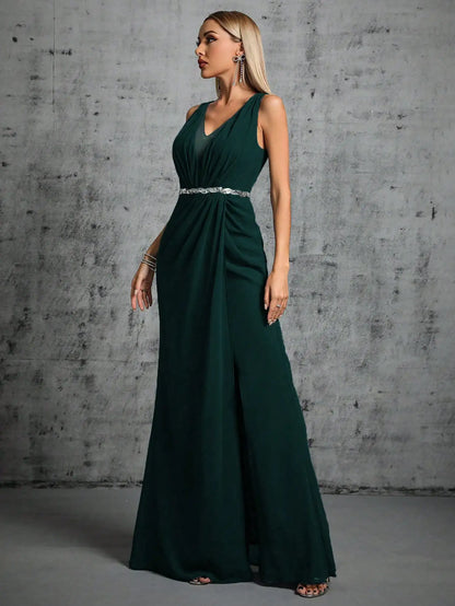 Mgiacy Shoulder silver sequin belt pleated chiffon slit skirt Dress