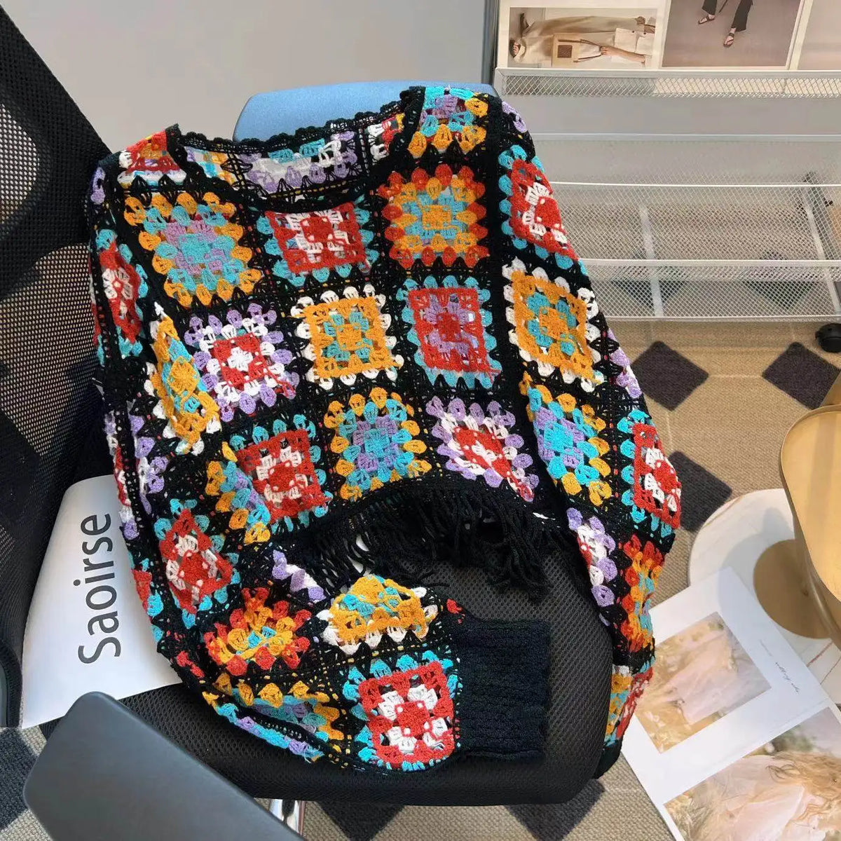Granny Square Top Fringed Crochet Knitted Top Batwing Sleeve Pullover Sweater