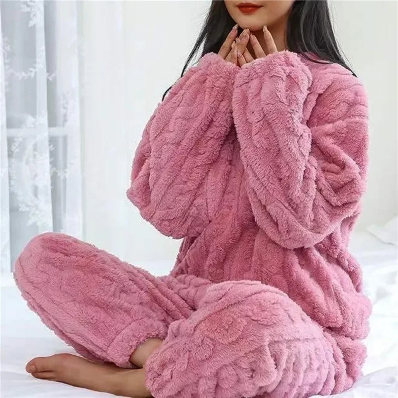 Coral Velvet Jacquard Soft Warm Winter Loungewear Pajama Sets