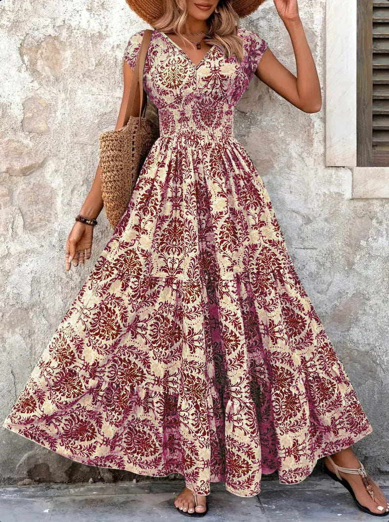 Vintage Floral Print Elegant V-Neck Short Sleeve Dress