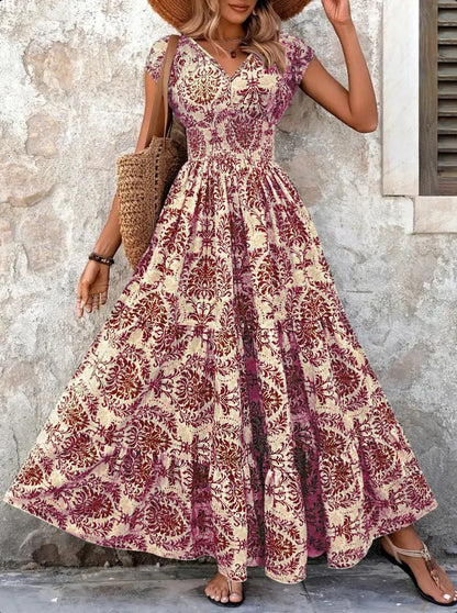 Vintage Floral Print Elegant V-Neck Short Sleeve Dress