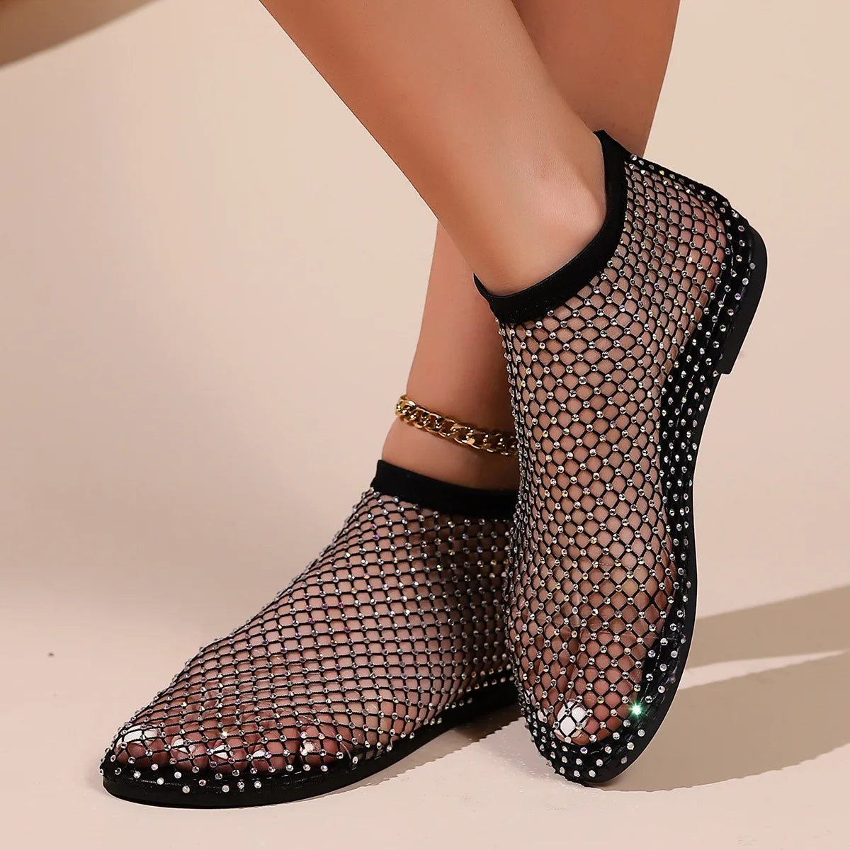 Mesh Luxurious Rhinestone Round Toe Sandal